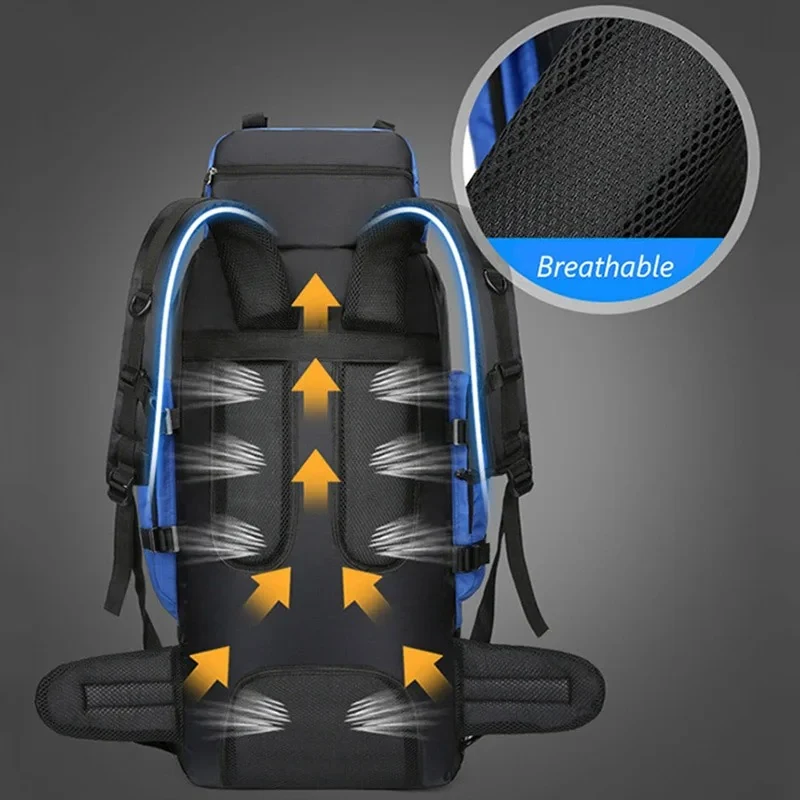 90L hiking backpack ventilated back panel