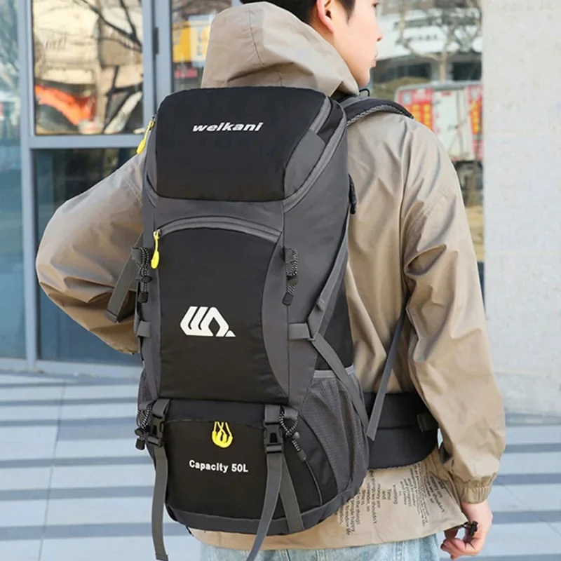 50L backpacking pack worn on the back