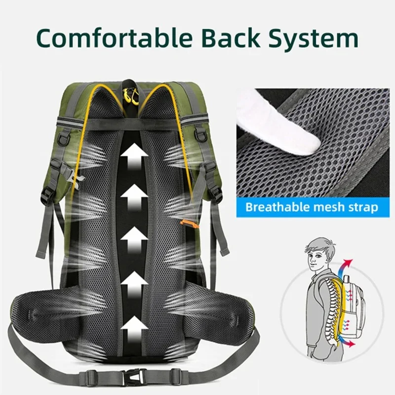 Backpacking pack ventilated back panel and mesh strap detail
