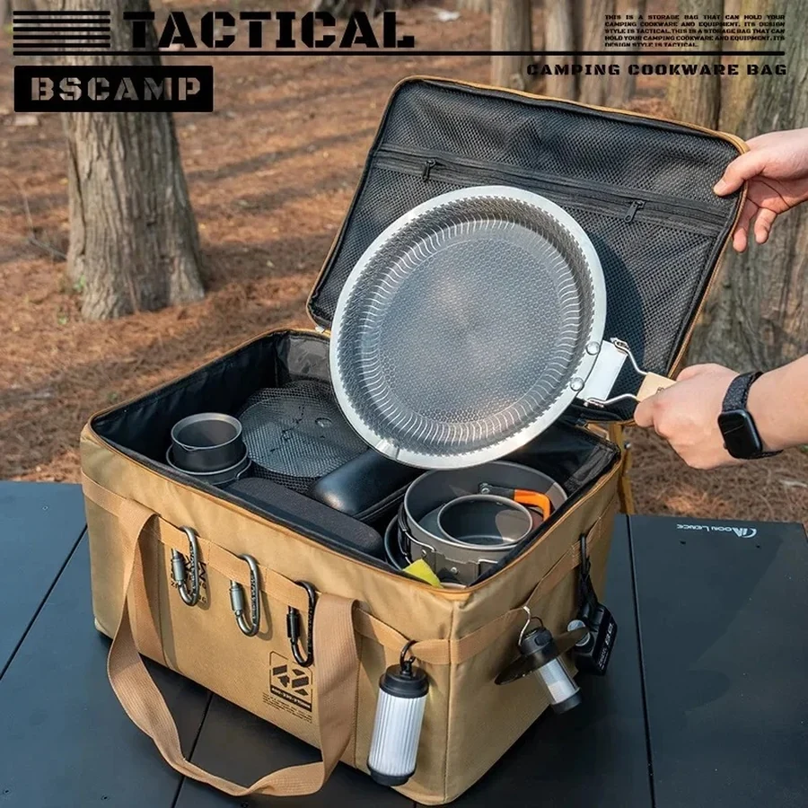 Camp kitchen storage bag open, showing packed cookware